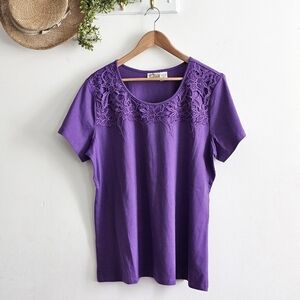 💜 Y2K Collection Etc. Purple Lace Yoke Top XL 100% Cotton Short Sleeve Blouse